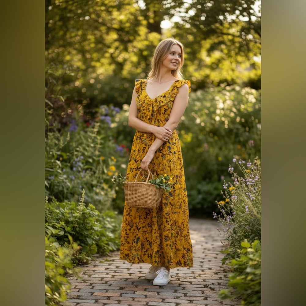 Yellow Floral Ruffle Maxi Dress - Women's Summer Dress